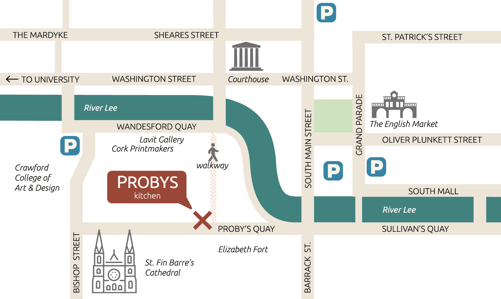 map showing location of Proby's Restaurant in Cork city, with nearby parking and walking routes